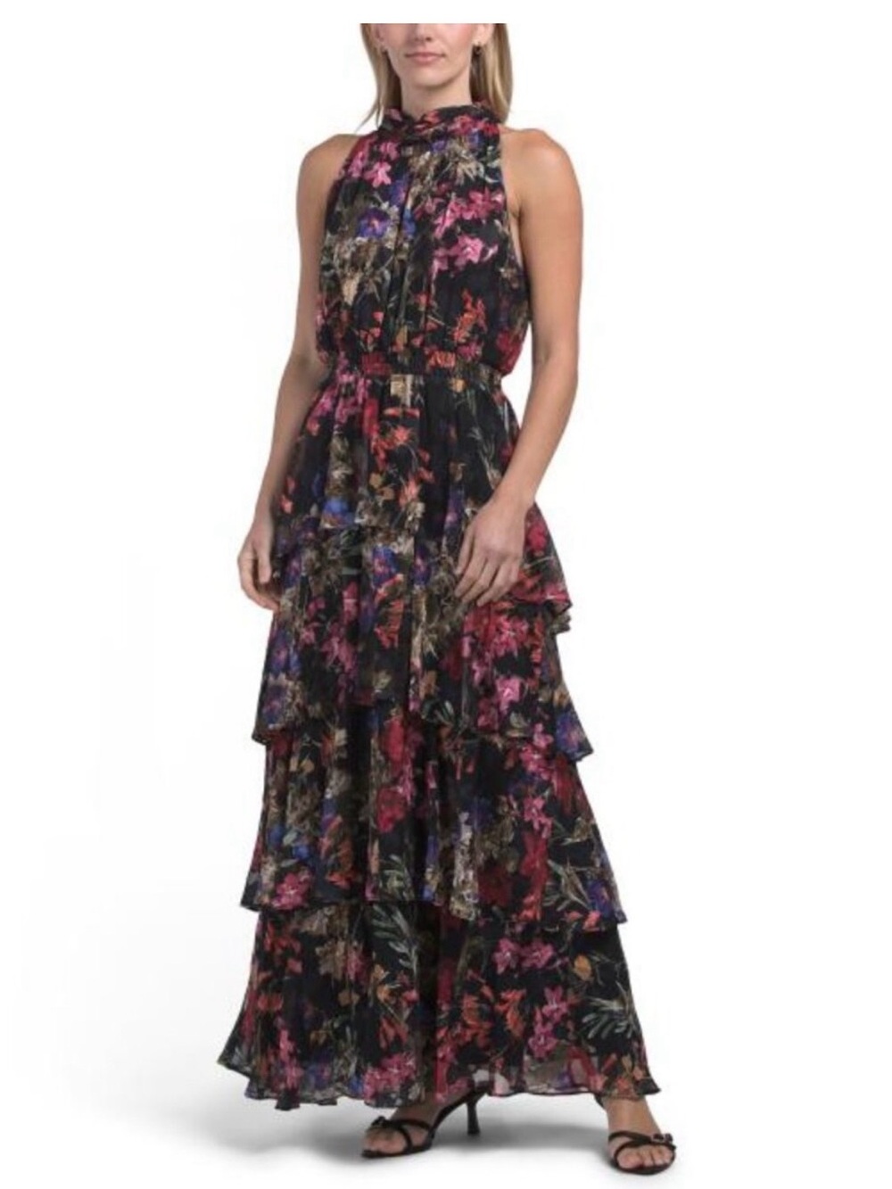 Livia & Jolie - Floral Tiered Halter Maxi Dress in Black and Pink